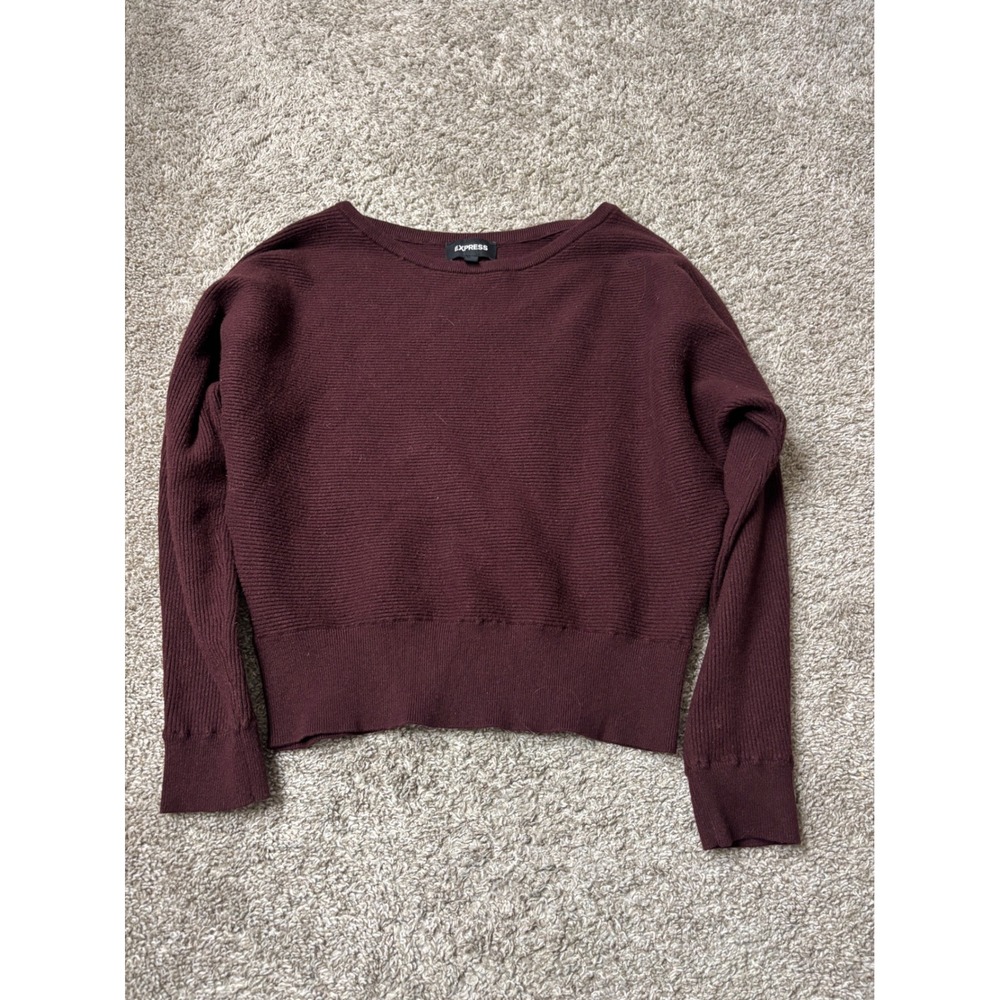 Express Womens Ribbed Knit Cropped Sweater Burgundy Maroon Boat Neck Size M